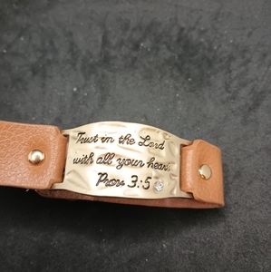 tan gold tone bible verse leather snap bracelet